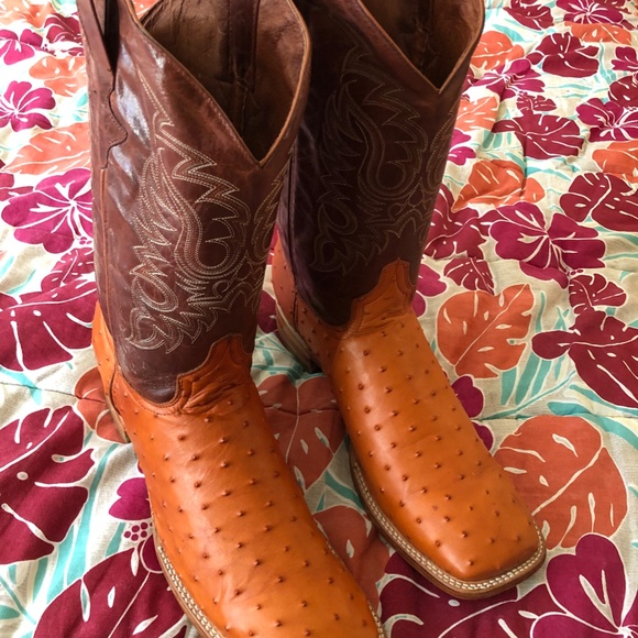 COPY - Team West Cognac Ostrich design wide, square toe leather western boots #…